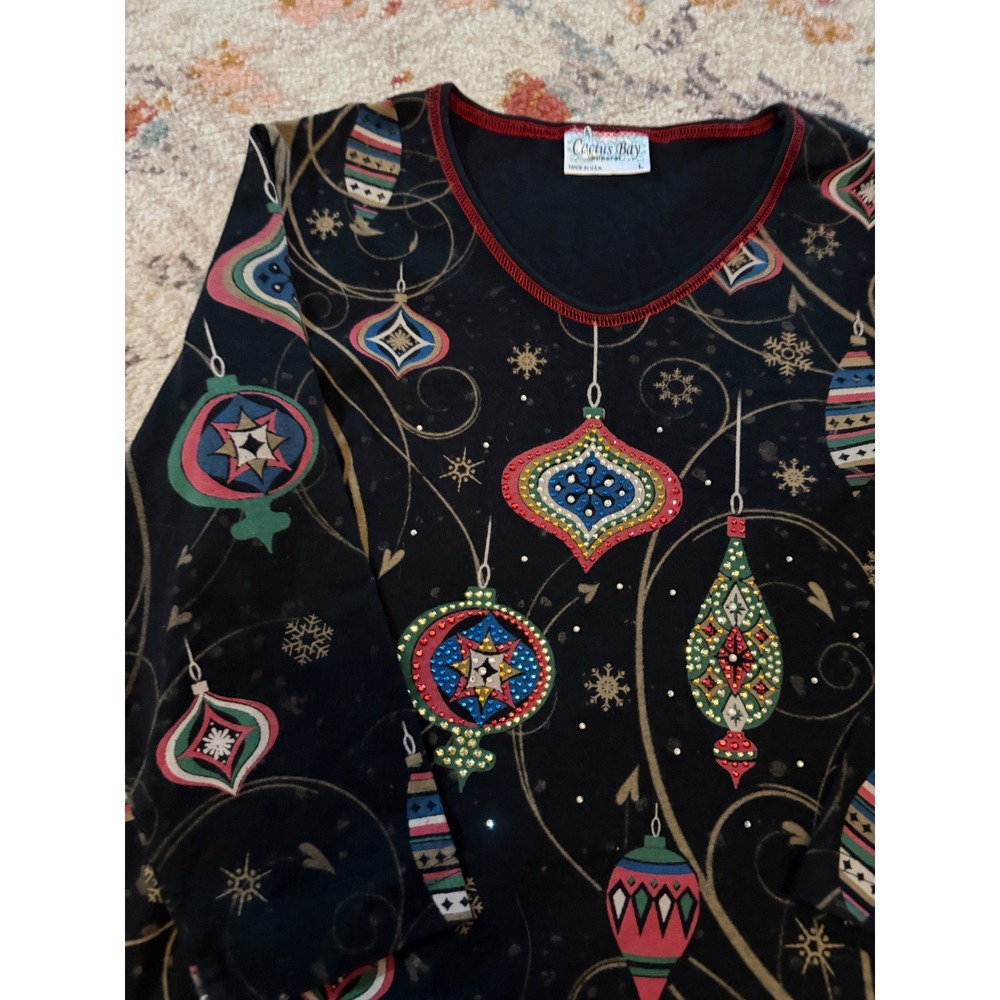 Cactus Bay Apparel Vintage Western Christmas Ornament Rhinestone Top Black L